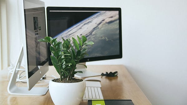 Two computer monitors standing on a desk in an otherwise empty workspace