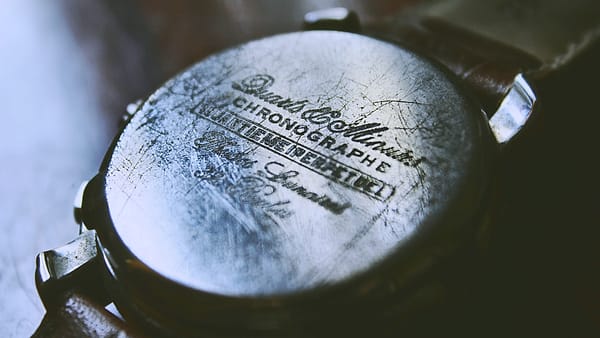 A scuffed vintage wristwatch lying face up on a plain flat surface