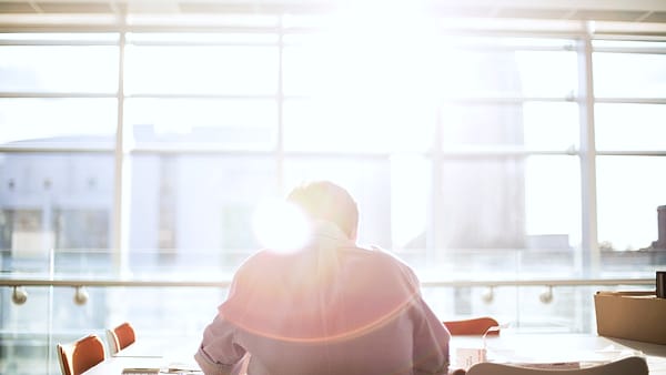 A person reading a document at a desk in a quiet office lit from a nearby window